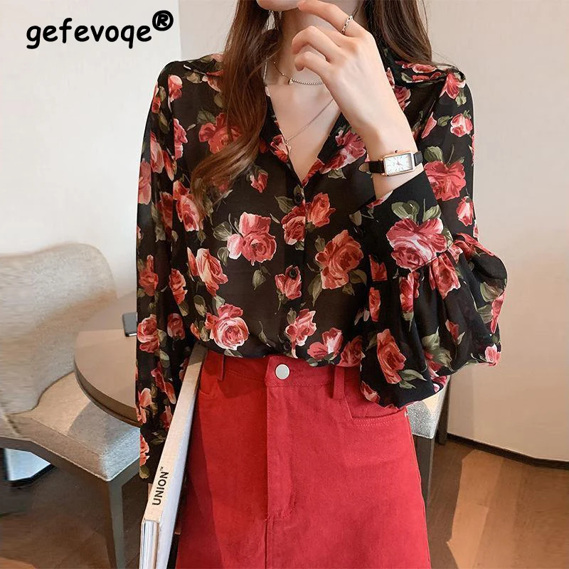 

Womens Trendy Vintage Floral Print Button Up Shirt Spring Autumn Korean Elegant Chic Blouse Long Sleeve Loose Tops Casual Blusas