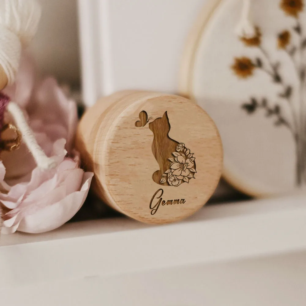 Wooden Carving Name Cat Butterfly Printed Pet Hair Storage Box Cat Tooth Memorial Box