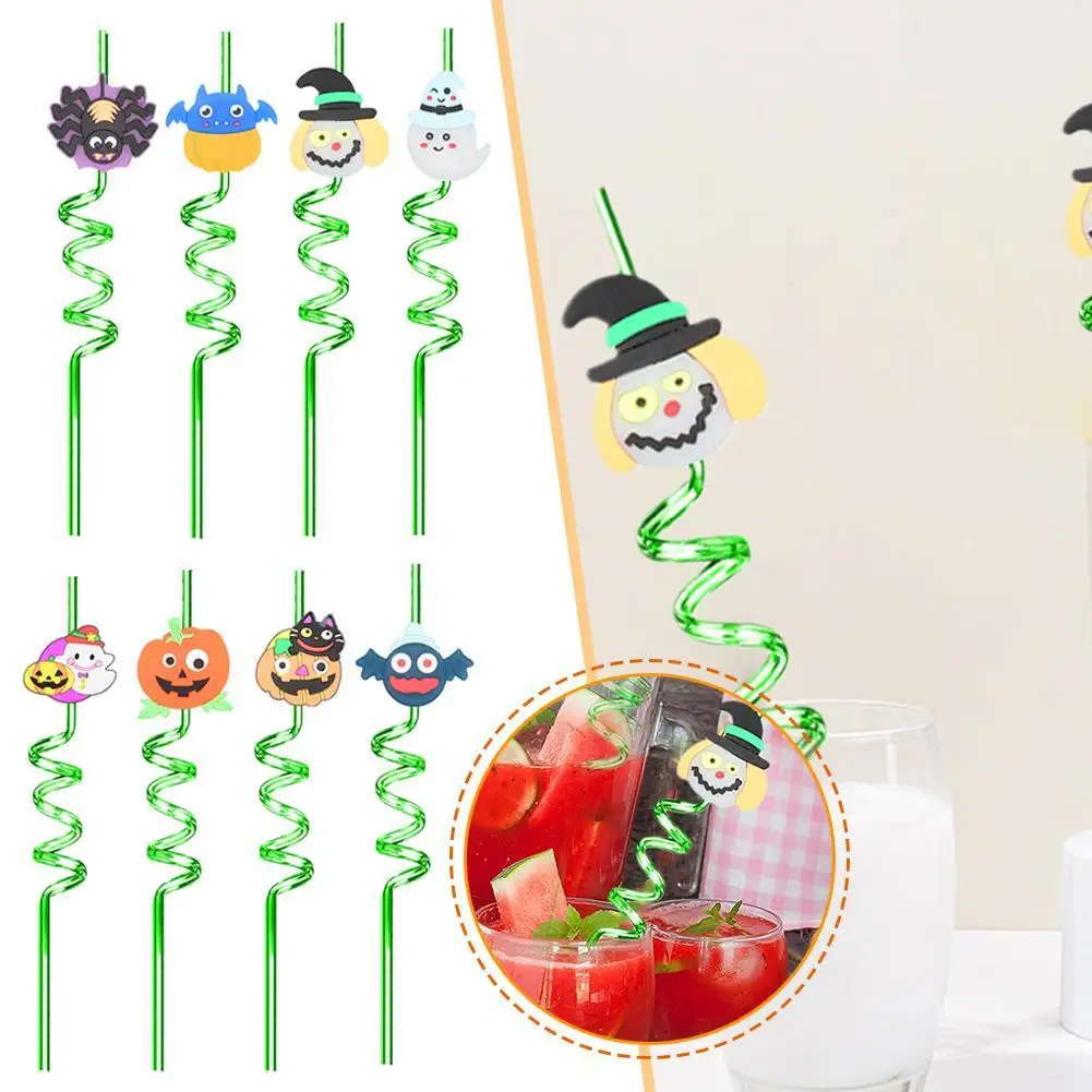 

8pcs Halloween Theme Kids Straw Halloween Funny Bat Pumpkin Plastic Mixed Colors Drink Straws Halloween Party Decoration