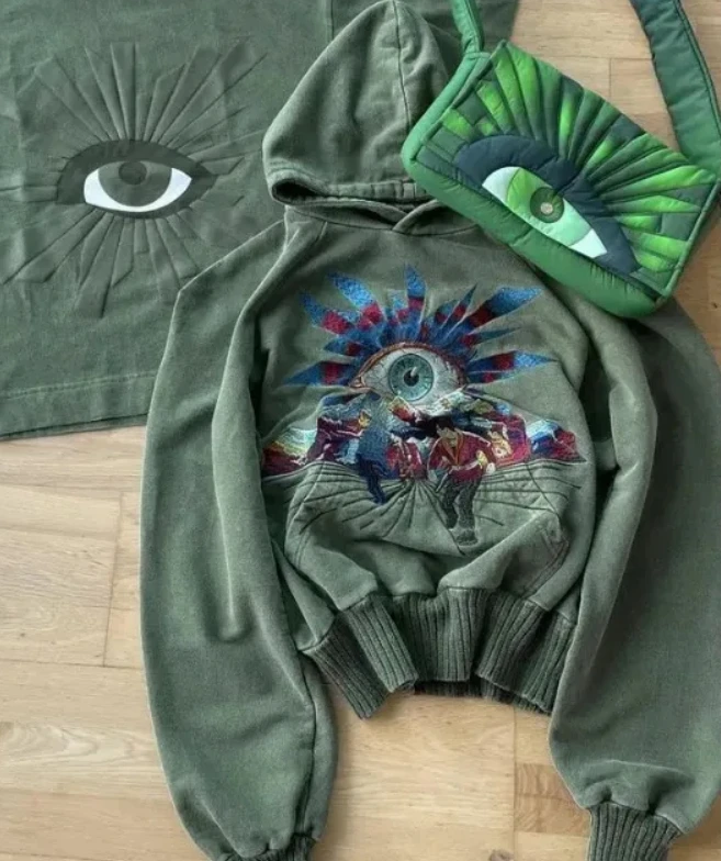 Hoodie Y2K Hip Hop Retro Abstract Pattern Green Oversized Hoodie Sweatshirt Women Men Harajuku Gothic Streetwear Pullover Hoodie