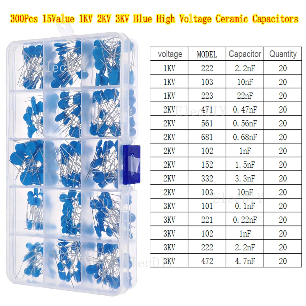 300Pcs 15Value 1KV 2KV 3KV High Voltage Ceramic Capacitors Assortmen Kit 102 222 103 223 471 681 102 152 332 101 221 222 472 103