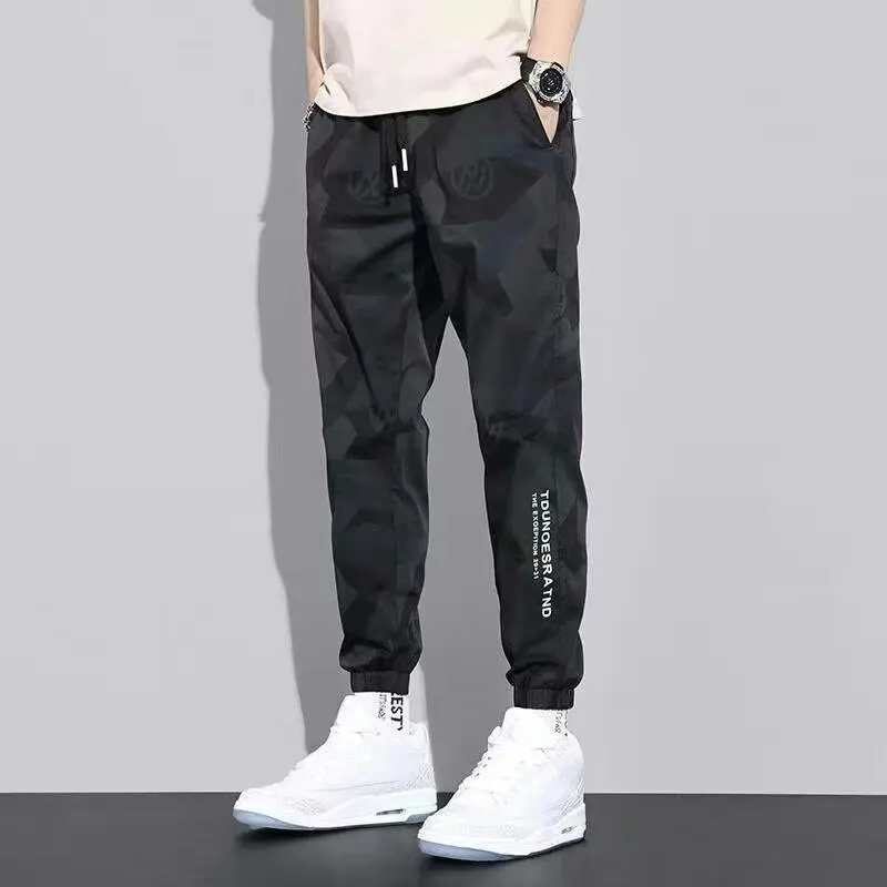 Camouflage Spring Elastic Waist Men Thin Style Loose Bound Feet Casual Pocket Letter Printing Large Size All-match Trousers