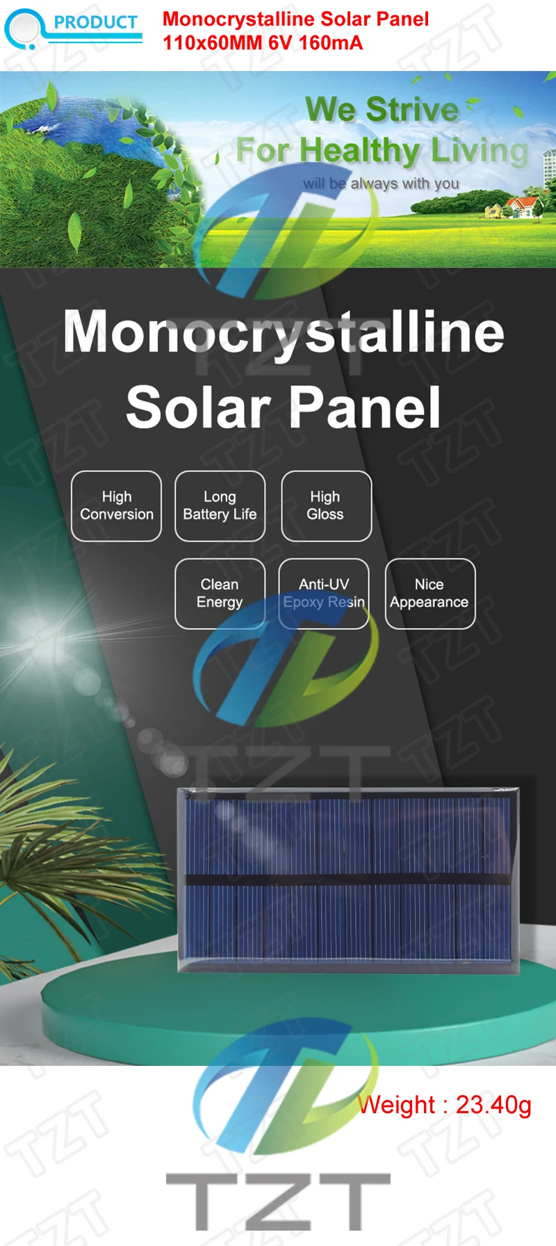 TZT 6V 160mA 0,96W Solarpanel 110X60MM Standard Epoxy Polykristallines Silizium DIY Batterieleistung Lademodul Mini-Solarzelle – Detail 2
