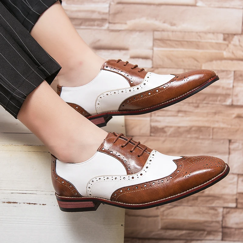 Brogue Design Men Dress Shoes Fashion Match Colors Leather Shoes Lace-up Business Casual Oxford Footwear Plus Size 38-48