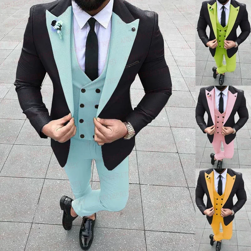 Black Sky Blue Men Suit Double Breasted Business Blazer Sets Slim Fit 3 Pieces Tuxedo Groom Wedding Suits For Men Costume Homme