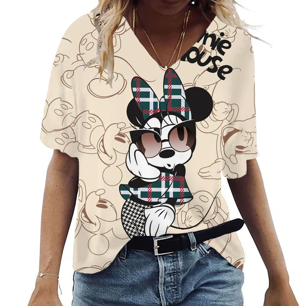Disney Women's T-shirt 2024 Summer New Beach Style V-neck T-shirt Short Sleeved T-shirt Mickey Y2k Hot Selling 2