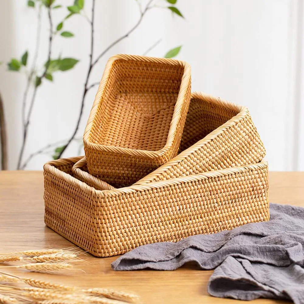 Wicker Storage Baskets for Bathroom, Rattan Rectangular Storage Basket