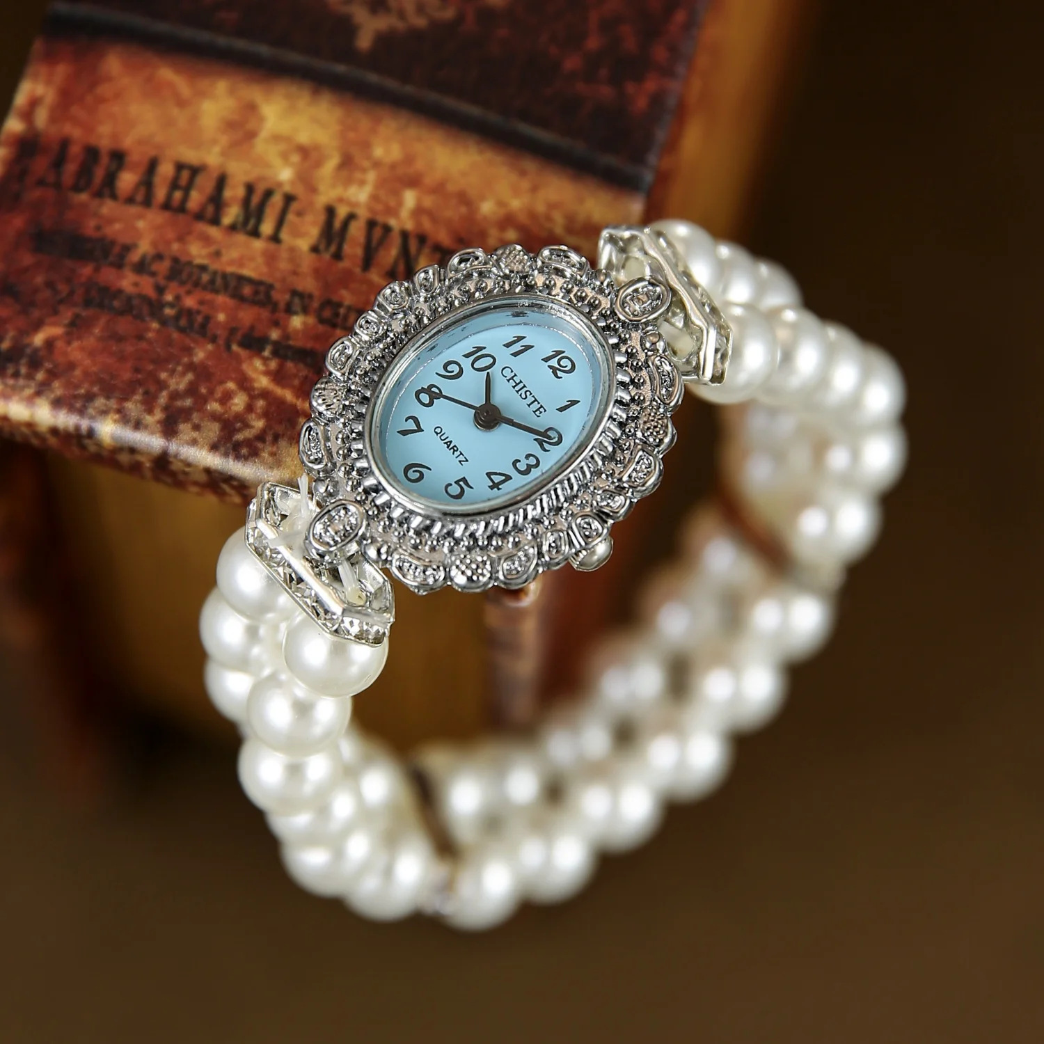 Vintage Doppelreihige Perlen-Armbanduhr mit Elastikband für Kinder Arabisches Digitalzifferblatt Damen Mode Studenten Quarz-Uhren Mädchen Armbanduhr – Detail 5
