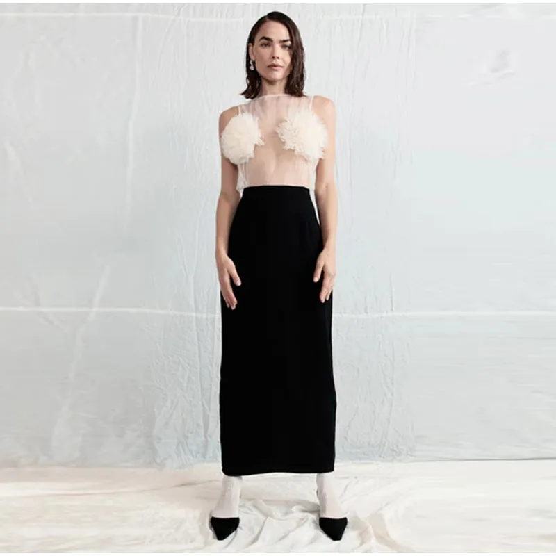 Sexy Mesh Hollow Out Vests Women Vintage 3D Flowers Sleeveless Solid Smock Vest Top Female Spring Elegant Chic Street Tops