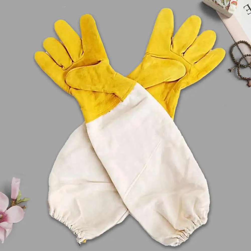 Honey Harvesting Gloves Bee Inspection Gloves Protective Beekeeping Breathable Canvas Goat Leather Sleeves for Anti-bee