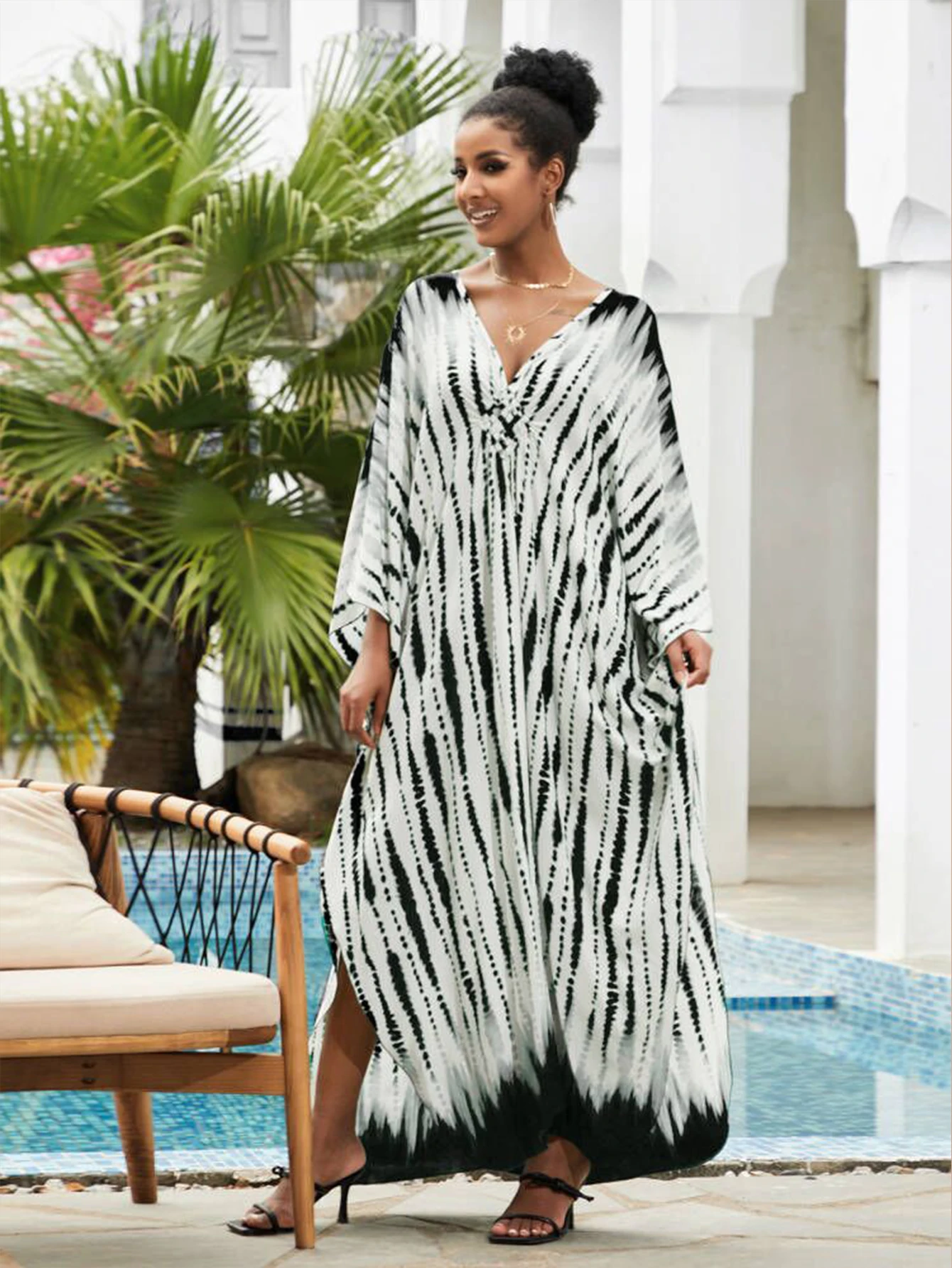 Sexy V Neck Tie Dyed Striped Long Sleeve Loose Dress 2024 Summer Vacation Beach Wear Women Maxi Dresses Q1523