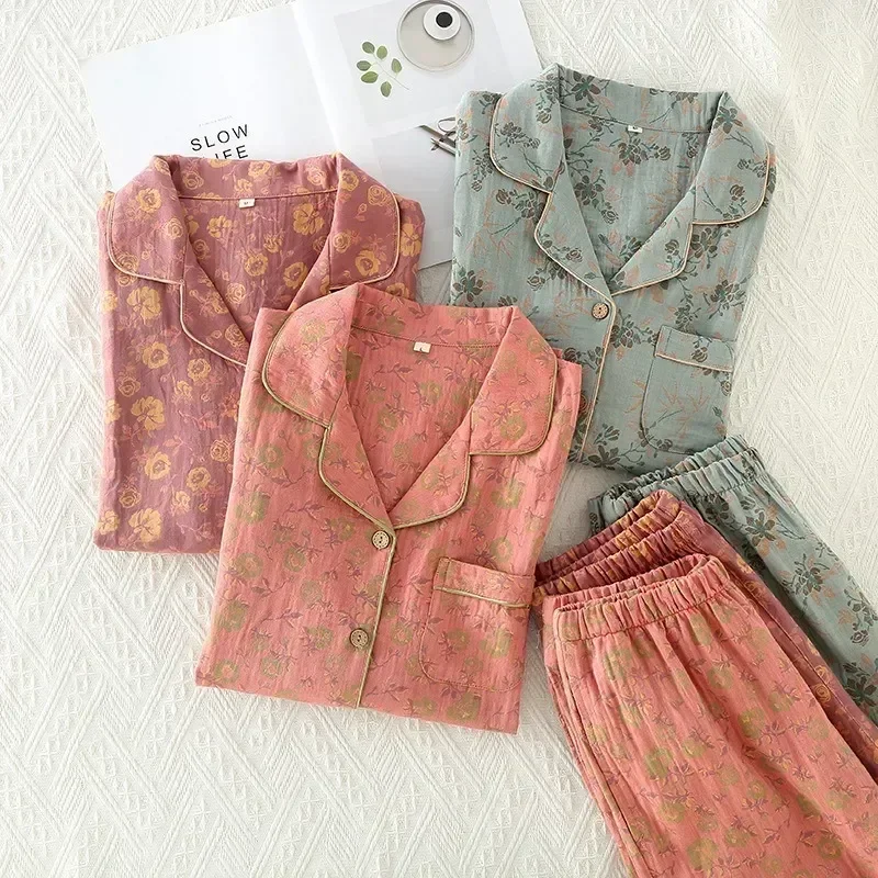 

Set Spring Vintage Trousers Autumn Printed House Wear Flower Collar Women New Ladies Turn-down Long-sleeve Pajamas Cotton