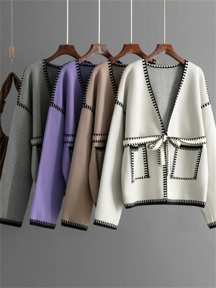 Knit Contrast Cardigan Sweater For Women Lace-Up Pocket Long Sleeve Patchwork Loose Coat Autumn Knitwear Women's Outwear