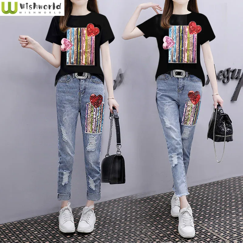 Korean Style Retro Printed Short Sleeved T-shirt Ripped Jeans 2pcs Elegant Women's Pants Set Summer Full Suit Casual Sports Suit