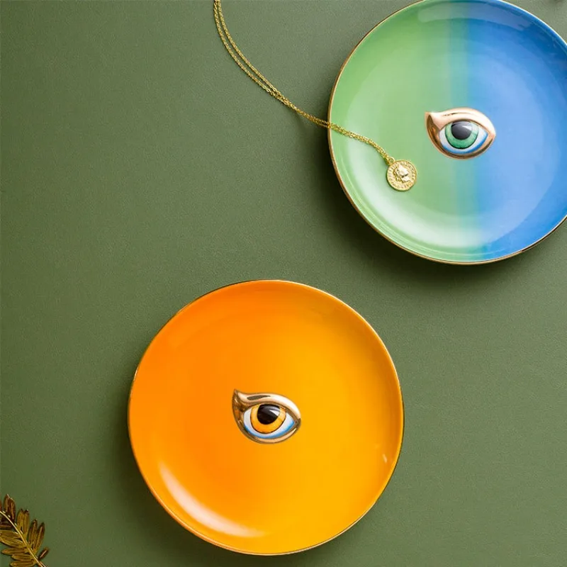 Nordic Round Ceramic Plate Devil's Eye Ring Necklace Jewelry Tray Teacups Coasters Ceramic Jewelry Tray Colorful Ornaments
