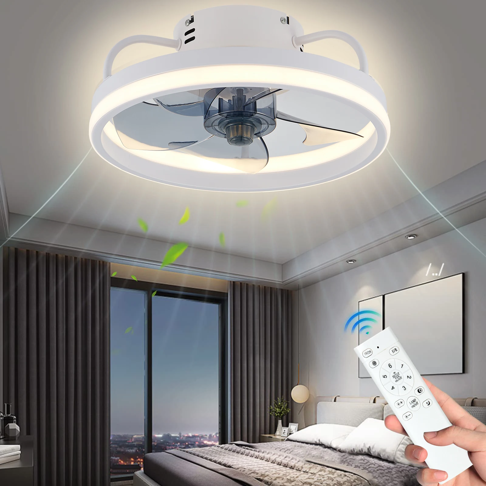 Modern LED ceiling fan with adjustable two-way blade timer and remote control tri-color adjustable bedroom living room kitchen