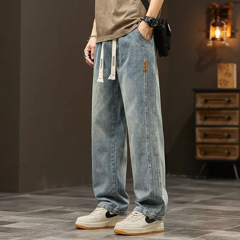 American Vintage Casual Loose Straight Jeans Men Solid Elastic Waist Patchwork Drawing Pockets Trendy Versatile Wide Leg Pants