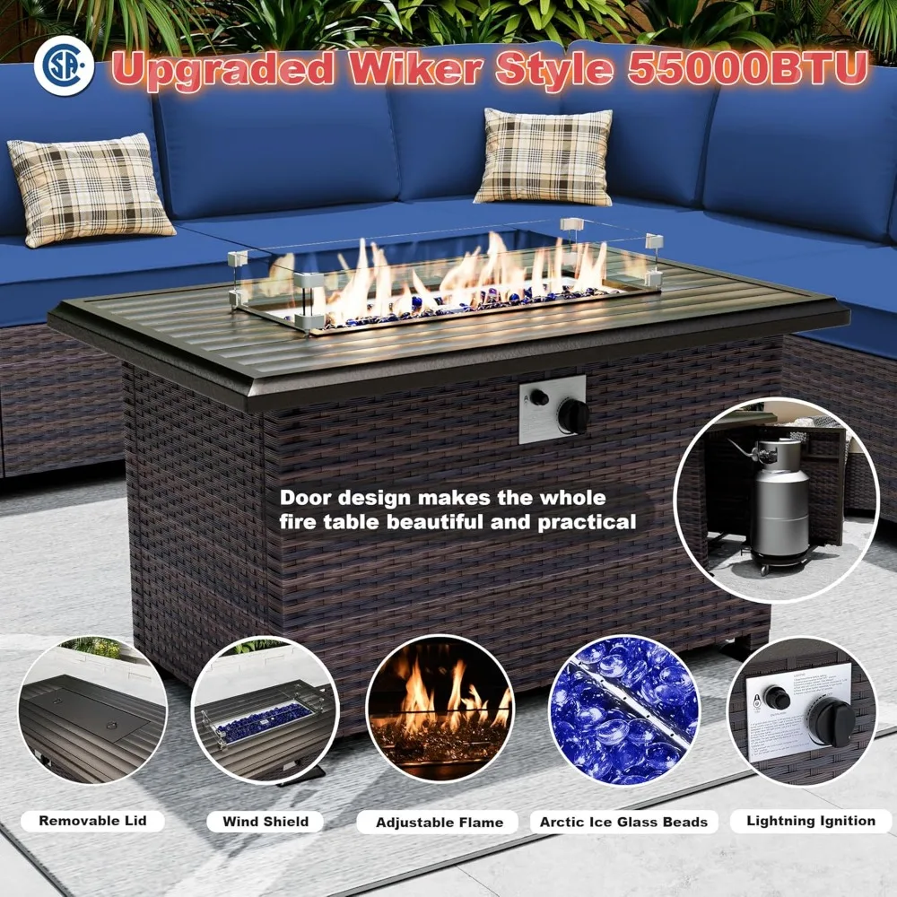 13-piece outdoor patio sectional sofa set with 43-inch propane gas fire pit table in pe wicker rattan style