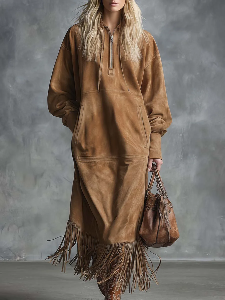 Western Retro Solide Wildleder Quaste Kleider Frau drehen-unten Kragen Zipper Lose Kleid Neue Frühling Herbst Langarm kleid mit Tasche