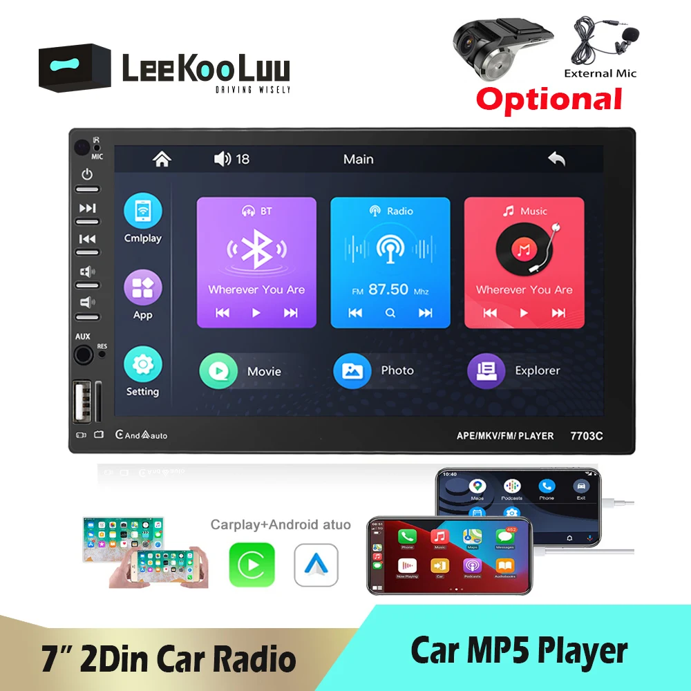 Leekooluu 2 Din Autoradio Car Stereo 7 ''Car Multimedia Player Bluetooth Fm Dab Radio Tf/Usb Con Controller Sterzo Microfono Esterno