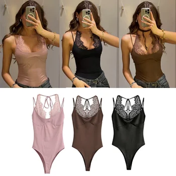 Women's Bodysuit 2026 New Fashion Spring Summer Brown Spliced Lace Bodysuit for Women Chic Personality Spaghetti Strap Bodysuit 1