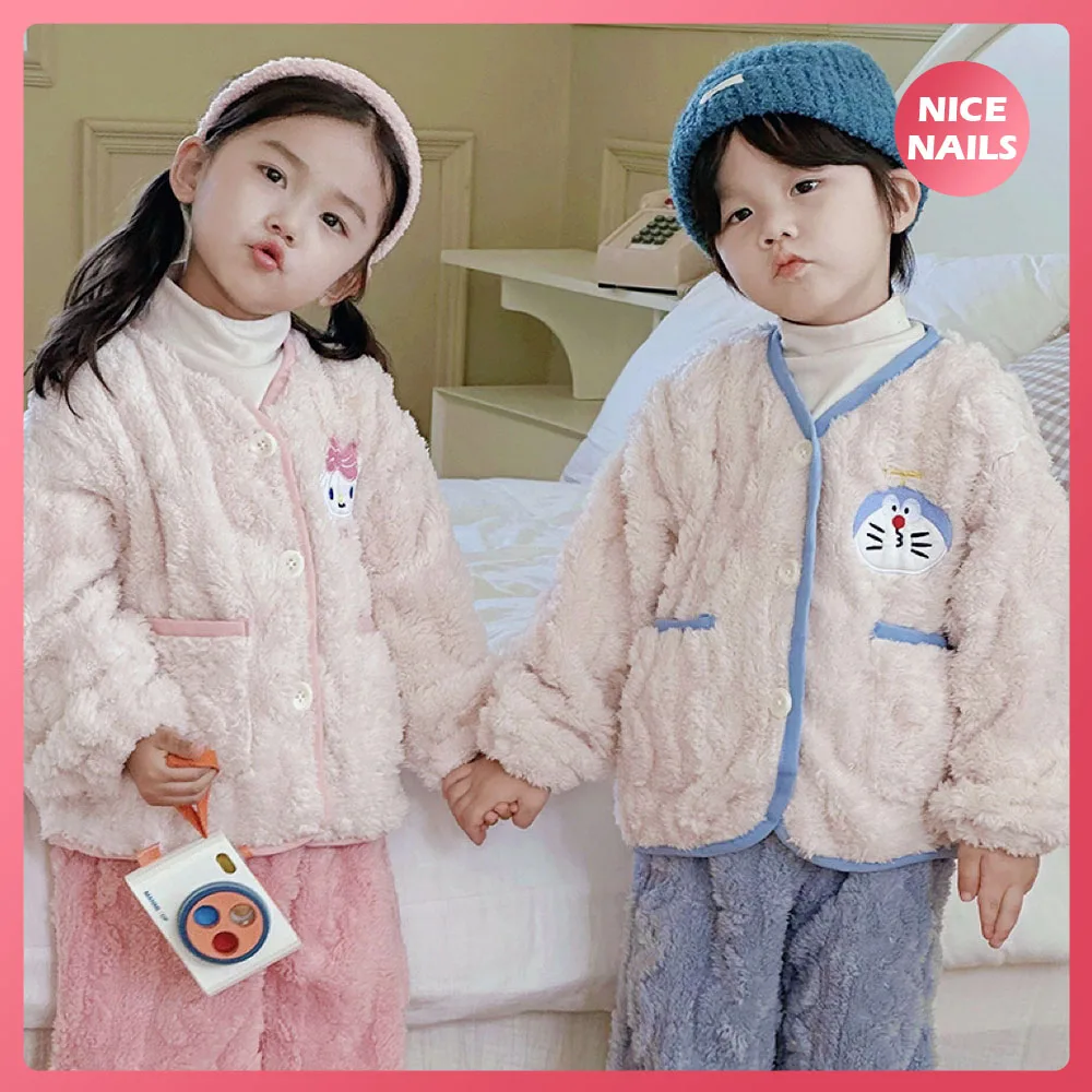 

New Boys Girls Kawaii Winter Family Pajama Set Mymelody Cartoon Embroidery Thicken Warm Button Top Pants Children Casual Suit