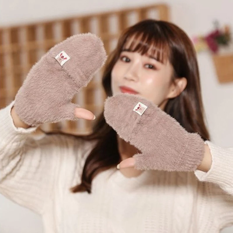 Winter Women Half-finger Flip-top Gloves Student Cute Girl Cartoon Warm Comfortable Soft Stylish Thick Knitting Mittens