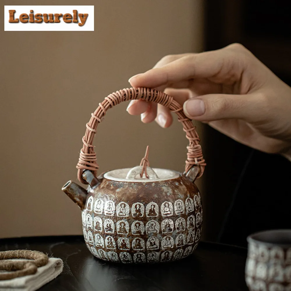 230ml Retro Old Rock Mud Teapot Gilded Silver Buddha Vine Weaving Lifting Beam Pot Tea Brewing Kettle Chinese Tea Set Collection