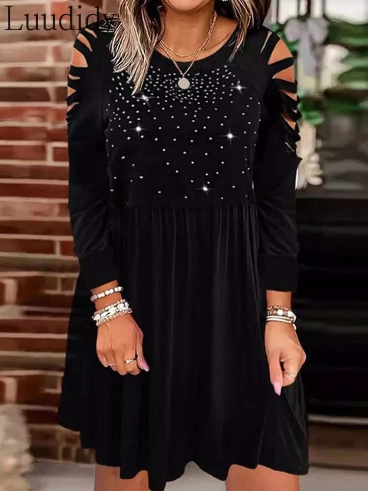 

Women Rhinestone Design Long Sleeve Cold Shoulder Casual Dress