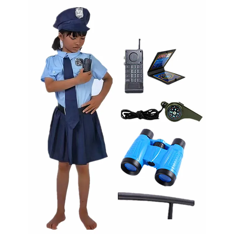Girls Police Officer Costume Halloween role play uniform button accessory with walkie talkie whistle baton gift