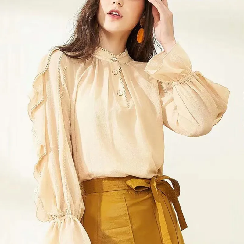 

Кружевная шифоновая блузка в стиле пэчворк для женщин, воротник-стойка, длинный рукав, топы и блузка, новинка 2024 г.