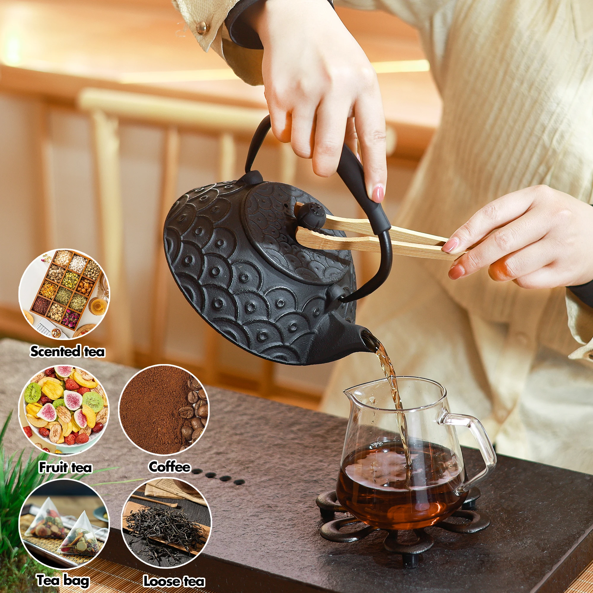Cast Iron Teapot Tea Kettle Pot with Removable Stainless