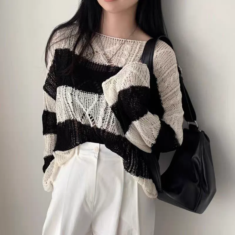 Spring and Summer New Knitted Hollow Women's Sweater Fashion Striped Loose Casual Pullover Shirt