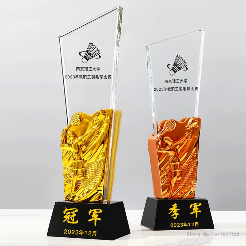 Customized Badminton Crystal Trophy, Annual Meeting Celebration Excellent Award, Team Singles Doubles Sports Souvenir Medal, 1Pc