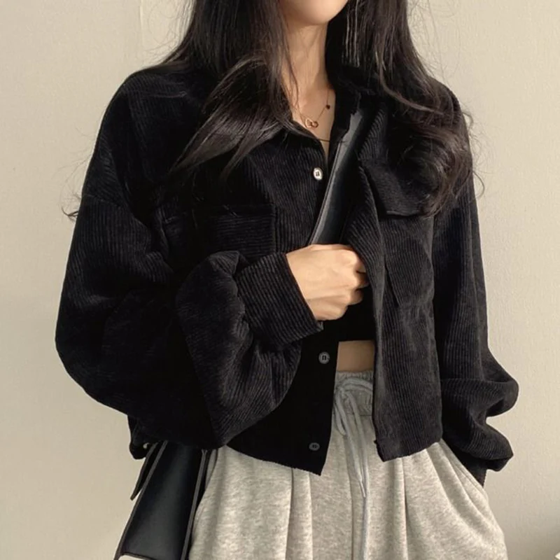 여성용 코듀로이 재킷, 빈티지 한국 스타일, 단색 코트, 싱글 브레스트, 단추 업, 긴 소매, 루즈 스트리트웨어, 가을
