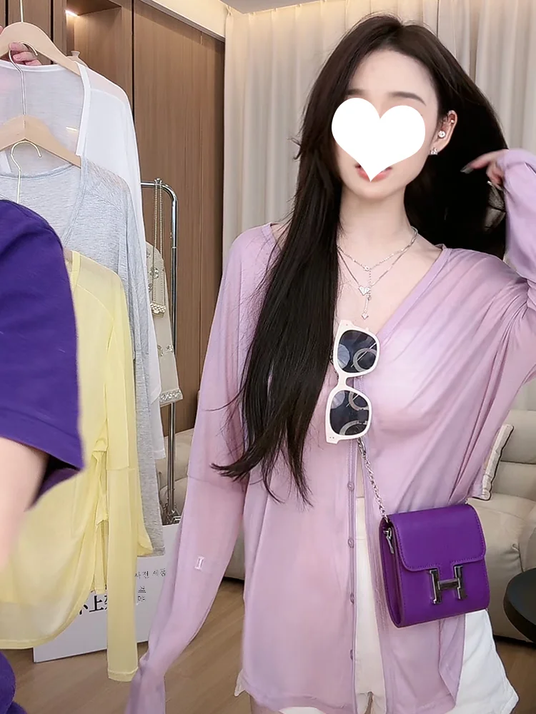 얇은 얼음 실크 태양 보호 카디건 여성 여름 새 스타일 게으른 맞는 v 넥 겉옷 캐주얼웨어를위한 긴 소매 탑
