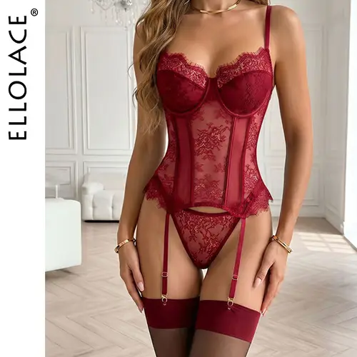 Ellolace Willowy Women's Lingerie Sets Sexy Corset Bra Thong 2PC with Stockings Sheer Outfits Sissy Girl's Intimate Underwear - Image 2