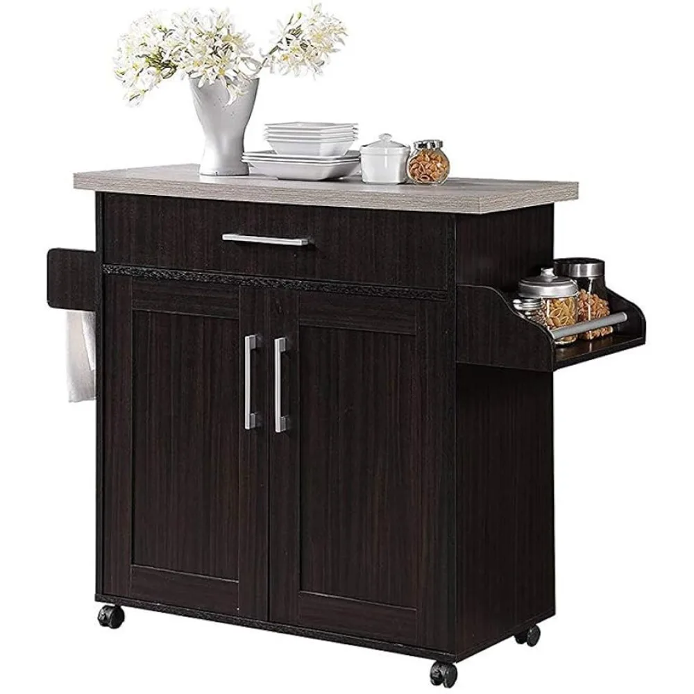 

Chocolate With Grey Top Food Cart Island With Spice Rack Trolleys Organizer Wheels Towel Rack & Drawer Kitchen Storages Trolley