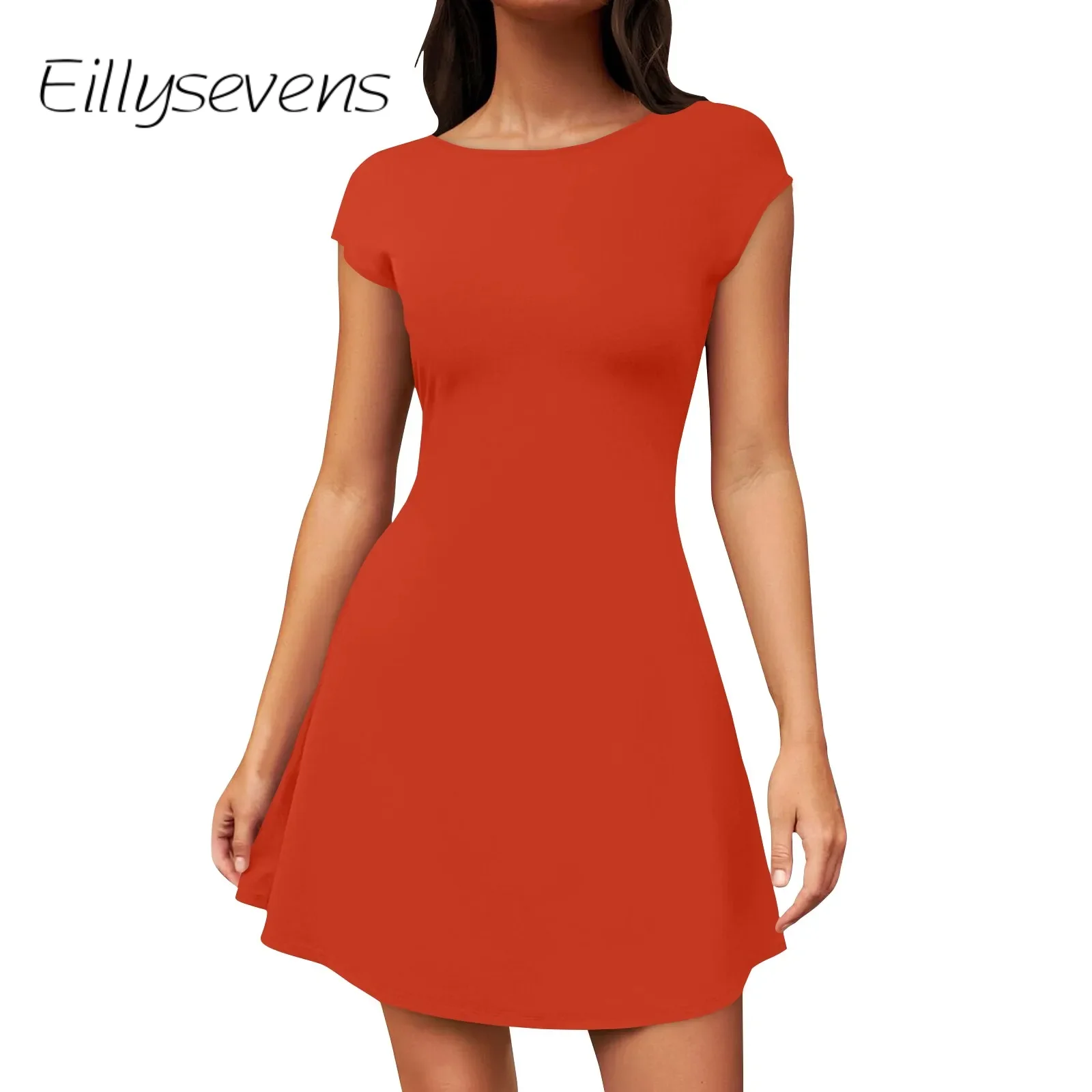 

Women'S Dress Summer Dignified Casual Backless Cap Sleeve Dress Skirt Round Neck Party Dresses Solid Color 2024 Fashion Vesitdos