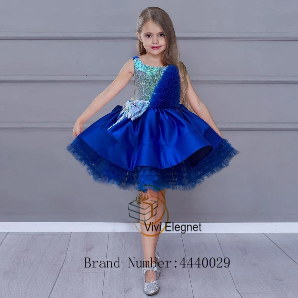 

Elegant Spaghetti Strap Flower Girl Dresses Royal Blue Wedding Party Gowns Sequined Bow فساتين للحفلات الراقصة 2023 New Tutu
