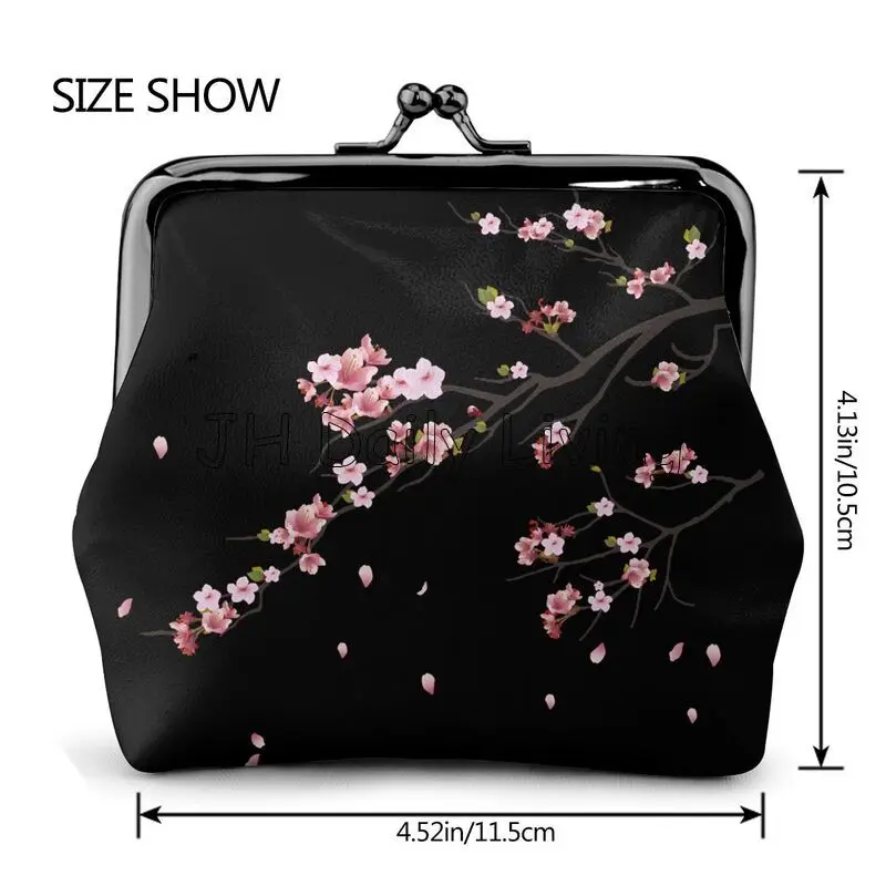 Japanese Sakura Cherry Blossoms Mini Leather Coin Purse Small Kiss-Lock Change Pouch Clasp Closure Buckle Wallet for Women Girls