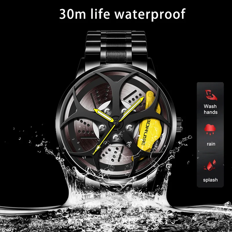 BORUSE Luxury Men's Fashion Car Wheel Watches Men Sports Waterproof Quartz Wristwatch Stainless Steel Wheel Hub Watch