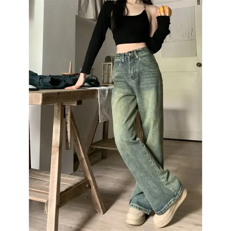 

Women Vintage Streetwear Washed Denim Pants Deeptown Y2k Baggy Wide Leg Jeans Grunge Basic Slouchy Blue Trousers Femme Spring