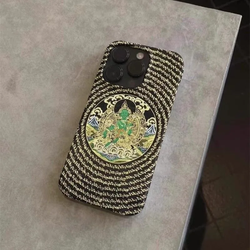 Tibetan Buddhist Cultural Green Tara Pattern Black Background Phone Case for iPhone 16 15 14 11 12 13 Pro Max Plus Back Cover 2