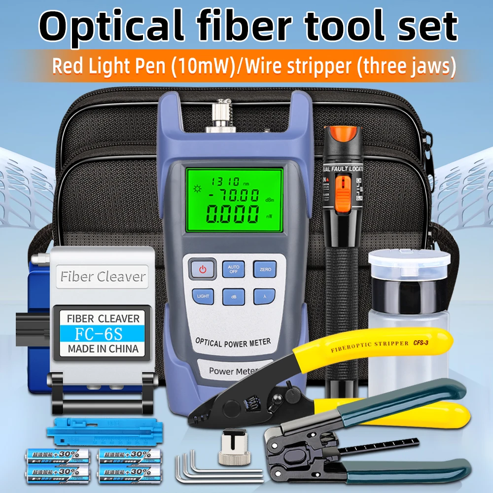 19pcs/set FTTH Fiber Optic Tool Kit with -70~+10dBm Optical Power Meter 10MW Visual Fault Locator fiber optic ftth tool kit with fc 6s fiber cleaver and optical power meter visual fault locator wire stripper best price