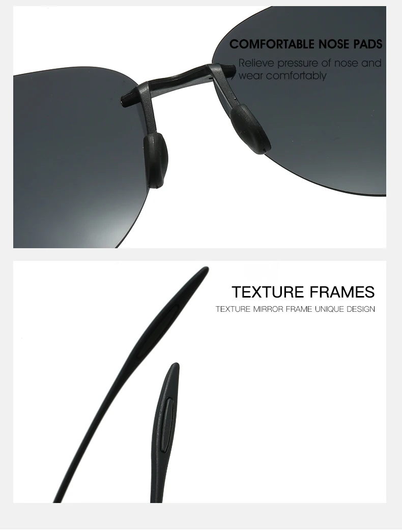 Neue ultraleichte rahmenlose bunte polarisierte Sonnenbrille für Männer und Frauen aus TR90-Material, geeignet für Freizeit und Urlaub UV400 – Detail 6