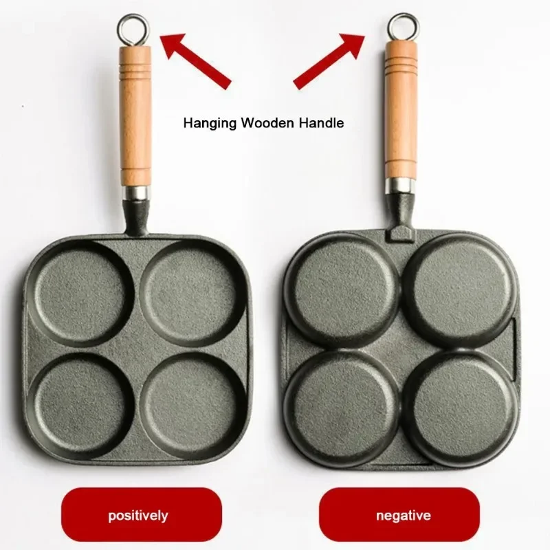4-Hole Breakfast Burger Egg Pancake Maker Wooden Handle Non Stick Cookware Pancake Pan Frying Pot for Gas Stove Induction Cooker