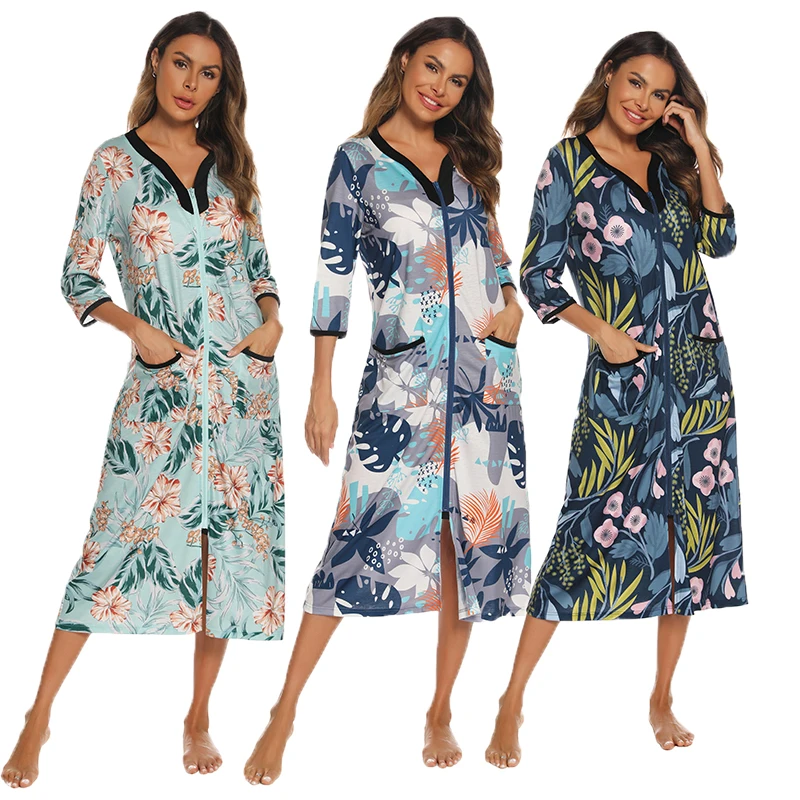 Women Home Clothes Zip Front Robe Coat V Neck Half Sleeve Long Maternity Night Wear Women Bathrobe