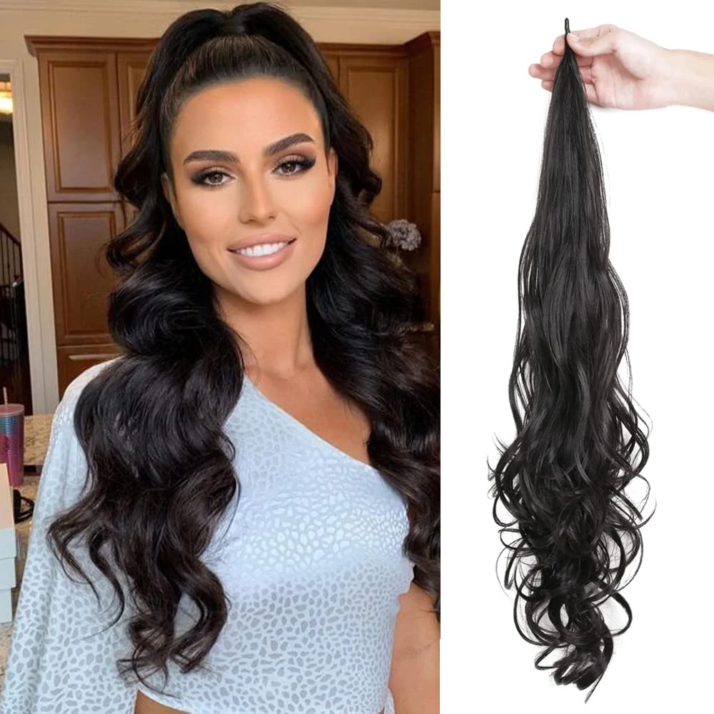 28 Inch Extension of Ponytail Flexible Wrapping lengthening Curling Synthetic ponytail Wavy Hair For Women's Daily and Party Use