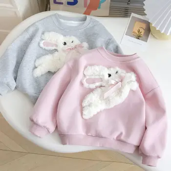 Girls Long Sleeved Sportswear 3-10 Years Old Children Cartoon 3D Plush Rabbit Hoodie Autumn Little Girl Cute Round Neck Top 1